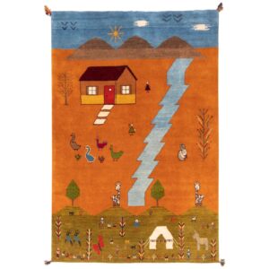 Original Handwoven Persian Pictorial Gabbeh Rug – Rural Life Scene – Orange Wool
