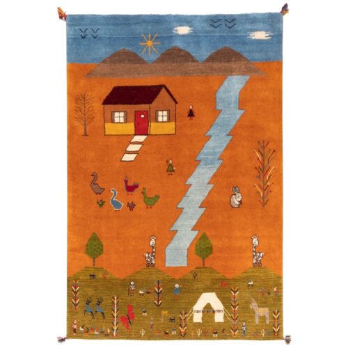 Original Handwoven Persian Pictorial Gabbeh Rug - Rural Life Scene - Orange Wool