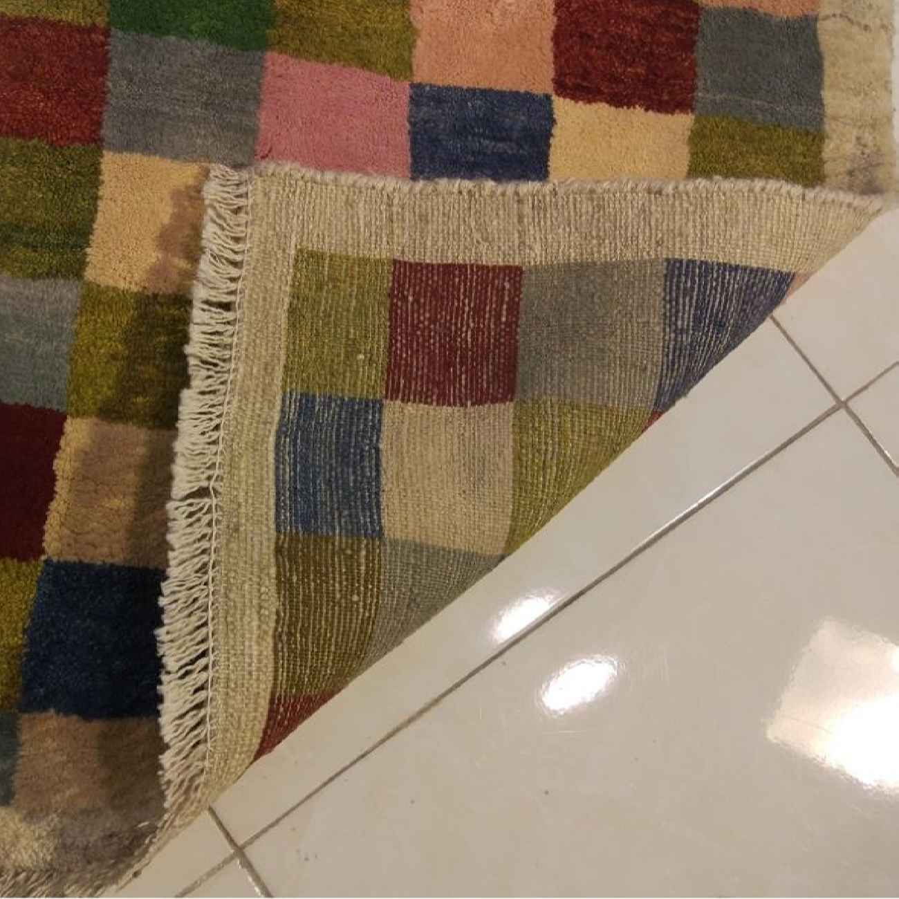 Authentic Handwoven Persian Geometric Gabbeh Rug – Checkered Cream Wool Blend