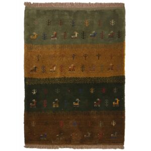 Genuine Handwoven Persian Gabbeh Rug with Animal & Tree Motifs – Green Wool