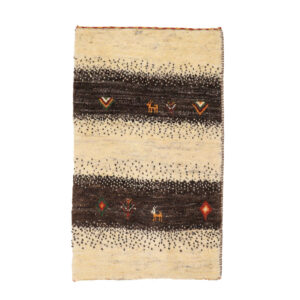 Genuine Handwoven Persian Striped Gabbeh Rug with Animal Motifs – Cream Wool