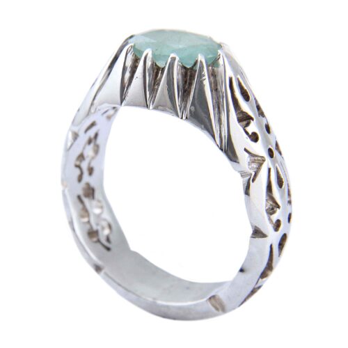 Green Emerald Silver Gemstone Ring for Men – Ellipse Model, Handcrafted Persian Design