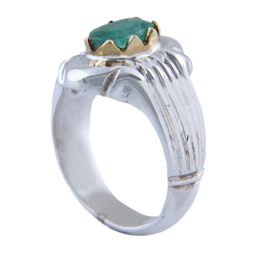 Green Emerald Silver Gemstone Ring for Men – Plus Model, Handcrafted Persian Design
