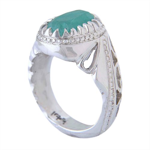 Green Emerald Silver Gemstone Ring for Men – Handcrafted Persian Design, Model AM_4742