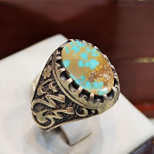 Neyshabur Turquoise Silver Gemstone Ring for Men – Firoze Model, Traditional Persian Design