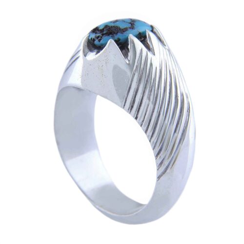 Neyshabur Turquoise Silver Gemstone Ring for Men – Striped Design, Traditional Persian Style