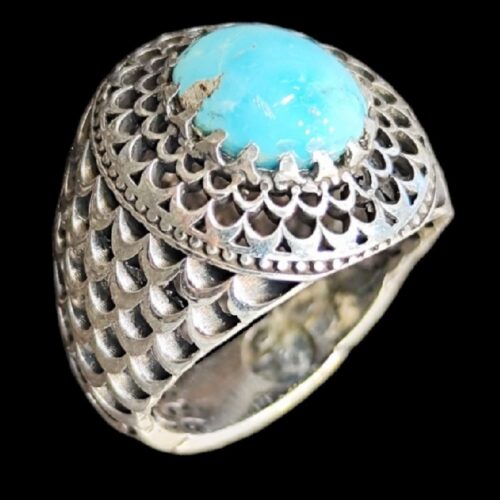 Neyshabur Turquoise Silver Gemstone Ring for Men – Sun Model, Traditional Persian Design