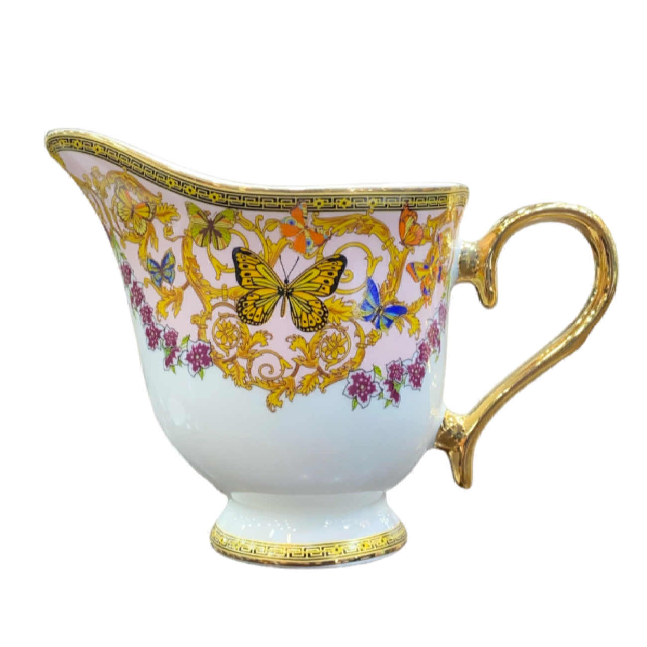 Victorian Porcelain Tea Set with Butterfly & Flower Pattern & Teapot and Saucer