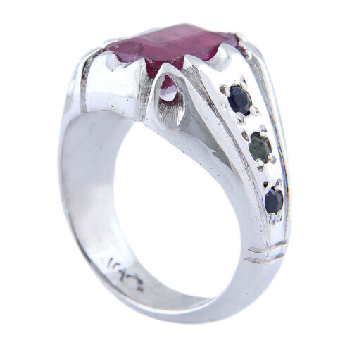 Natural Red Ruby Silver Gemstone Ring for Men – Handcrafted Persian Bohemian Design