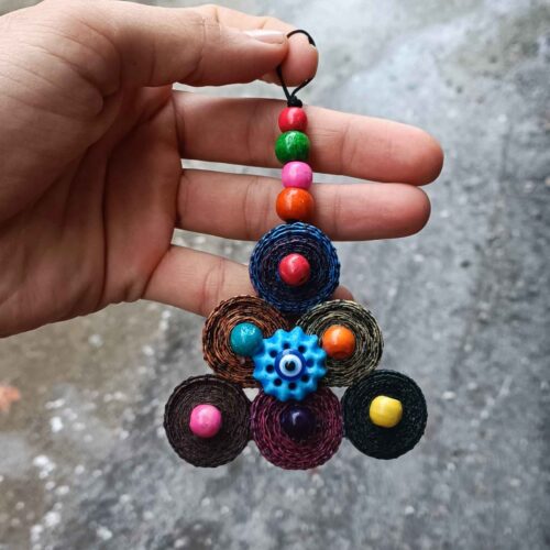 Traditional Persian Thread Wall Hanging with Triangle Evil Eye Amulet