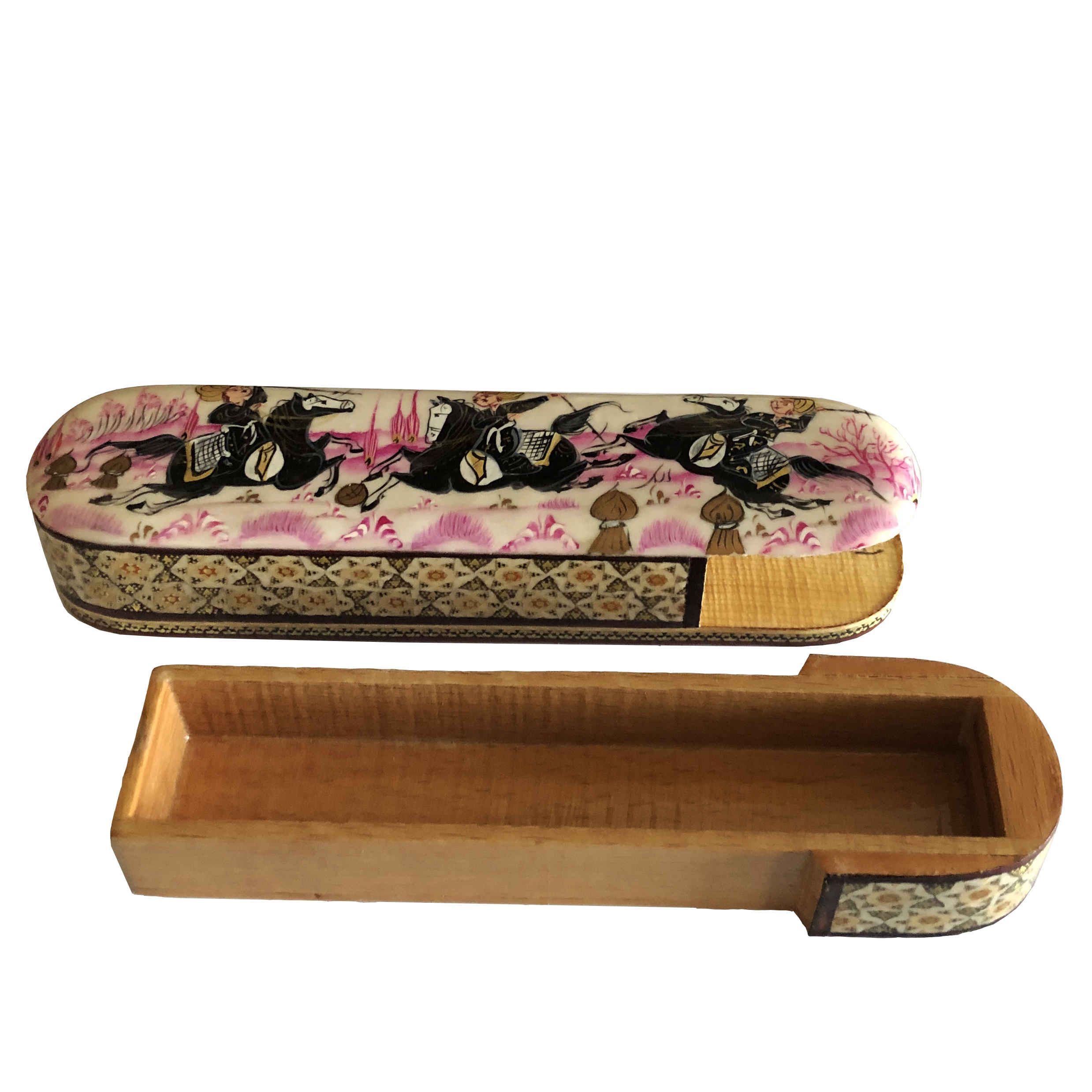 Persian Wooden Pencil Box Handcrafted Khatamkari with Horse Design