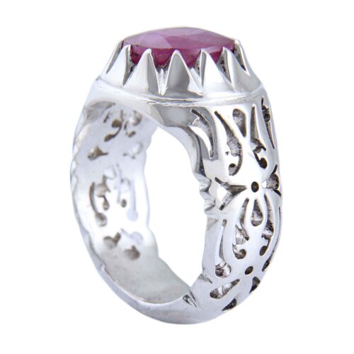 Red Ruby Silver Gemstone Ring for Men – Handcrafted Persian Bohemian Design