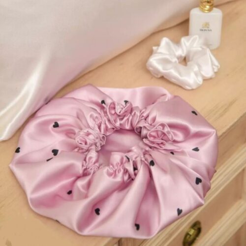 Pink Silk Satin Bonnet with Heart Design for Women