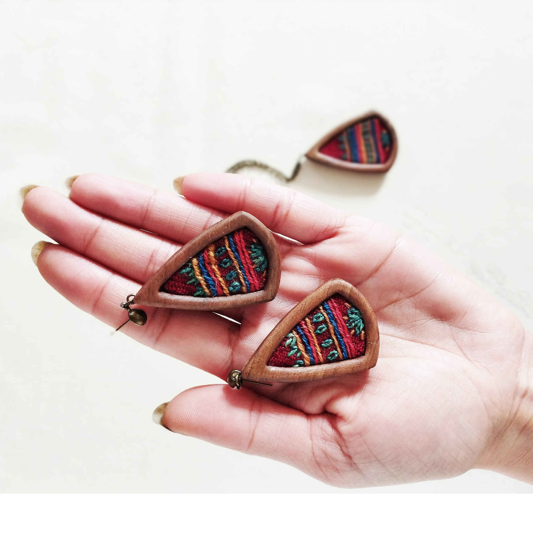 Women’s Handcrafted Wooden Earrings with Pateh Embroidery