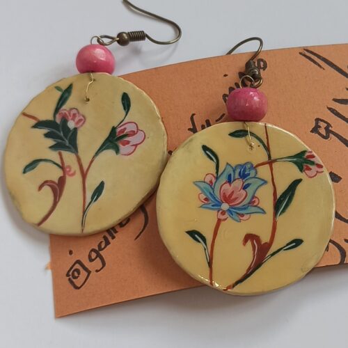 Women's Round Wooden Earrings Handcrafted with Floral Design
