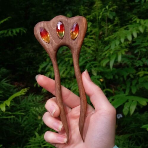 Wooden Hair Fork Handcrafted with Crown Design & Tourmaline Stones