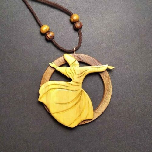 Hand-Carved Wooden Whirling Dervish Pendant Necklace – Sufi Sama Dancer Design