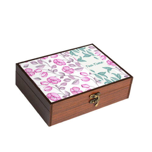 Floral Design Tea Organizer Chest – Handcrafted Wooden Box for Tea, Snacks & Chocolate