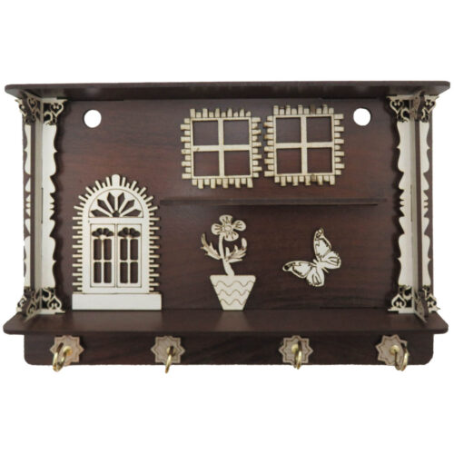 Wooden Wall Key Holder with Four Hooks and Cottage Design for Entryway