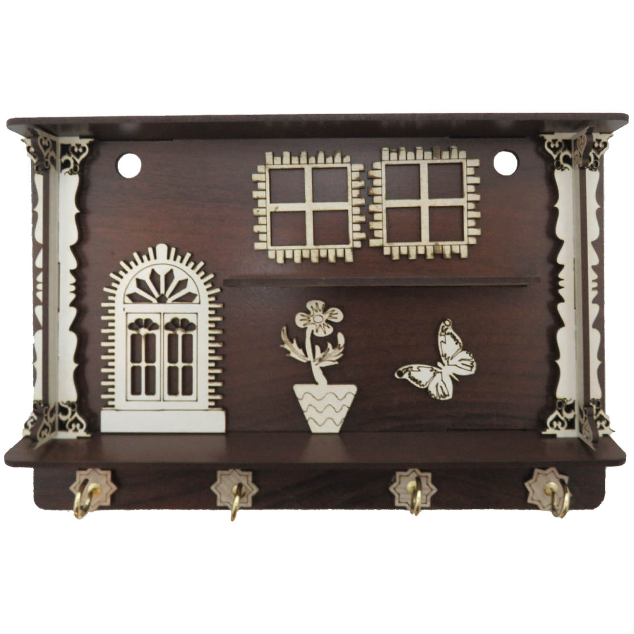 Wooden Wall Key Holder with Four Hooks Model Cottage