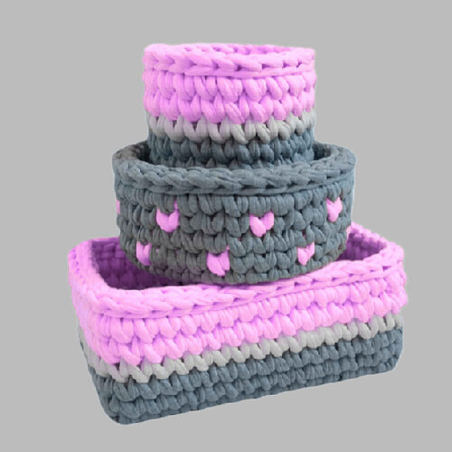 Crochet Storage Basket Yarn with Little Heart Design Set of 3