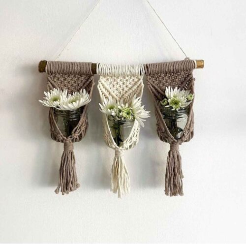 Handmade Cotton Macramé Wall Hanging Tapestry with Vase, Boho Nature Wall Decor
