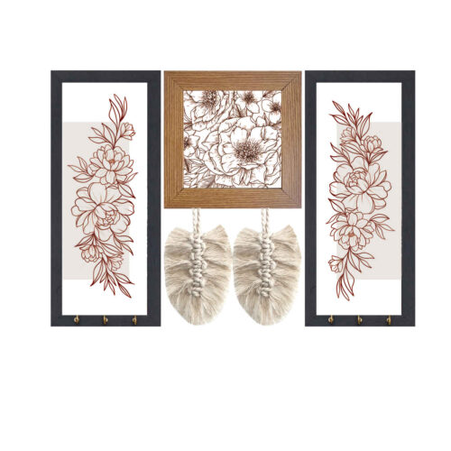 Decorative Floral Wall Key Holder with Macrame Design for Entryway