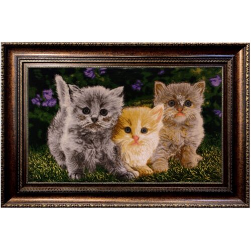 Hand-Knotted Persian Silk Pictorial Wall Hanging Rug – Three Kittens, Tabriz