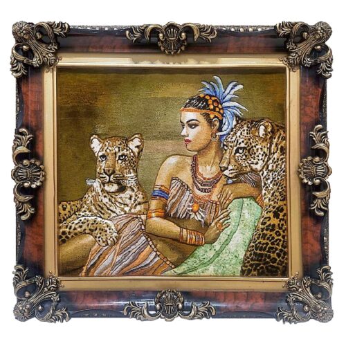 Hand-Knotted Persian Silk Pictorial Wall Hanging Rug – Egyptian Woman and Tiger, Tabriz