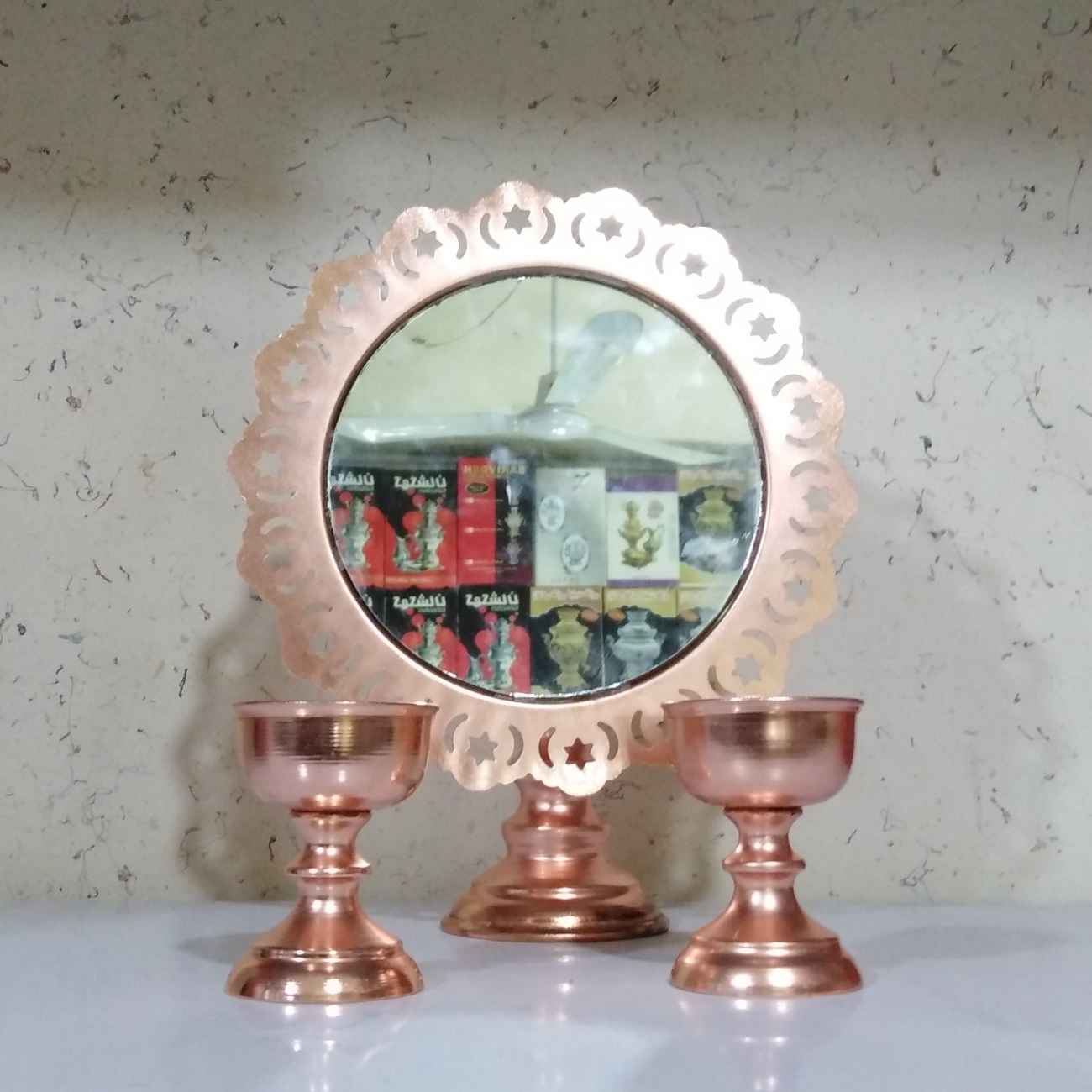 Handcrafted Persian Metal Mirror Frame and Candlesticks Set