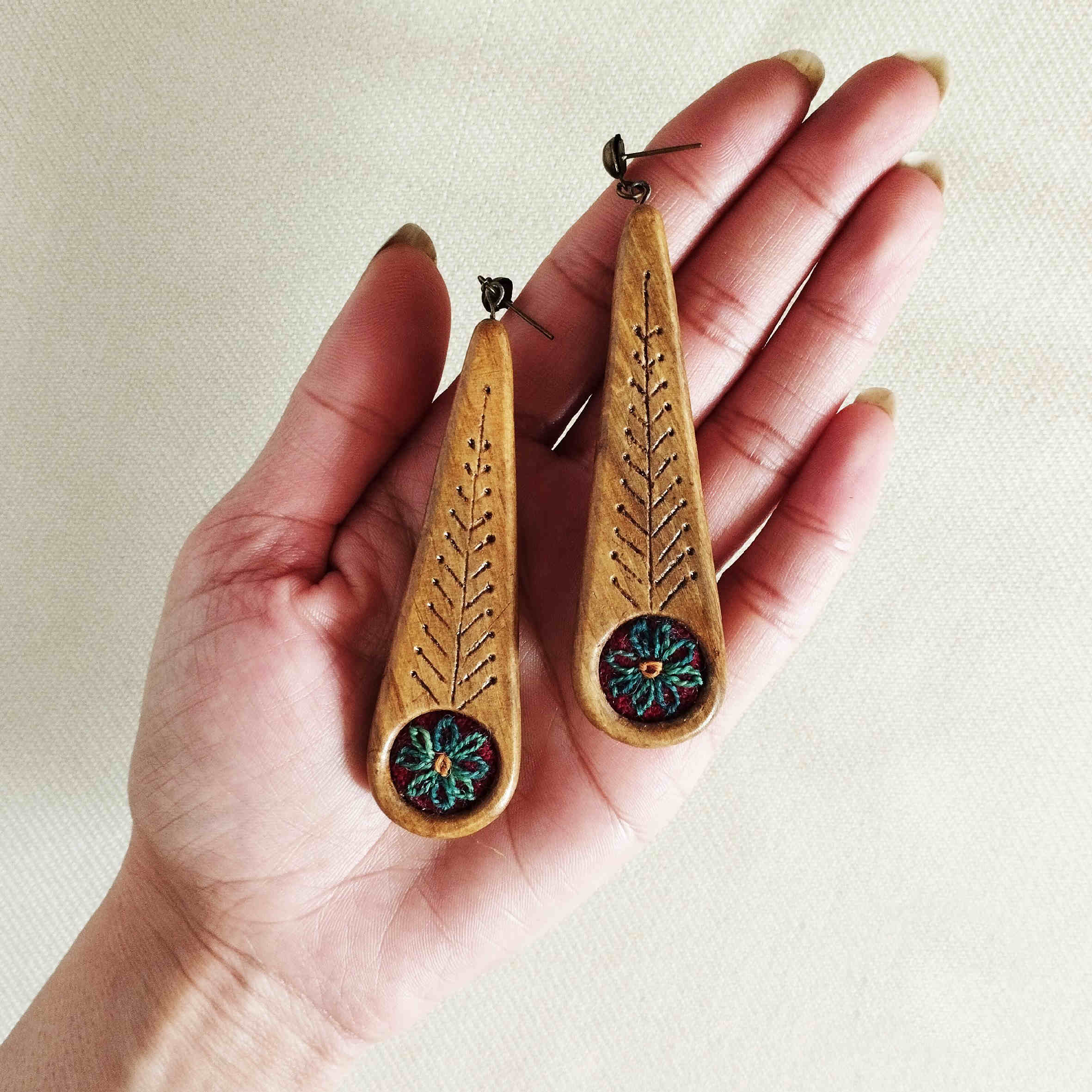 Handcrafted Wooden Earrings – Patteh Embroidery Inspired Design