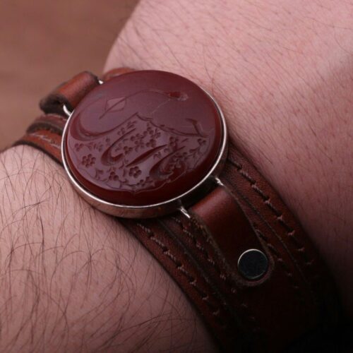 Islamic Genuine Leather Bracelet with Agate Stone – Traditional Religious Jewelry