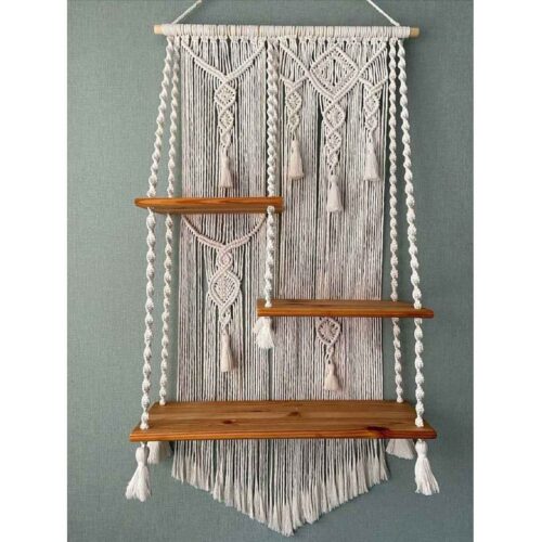Handmade Cotton Macramé Wall Hanging Tapestry with Shelf, Boho Wall Decor