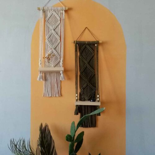 Handmade Cotton Macramé Wall Hanging Tapestry with Shelf, Boho Geometric Wall Decor