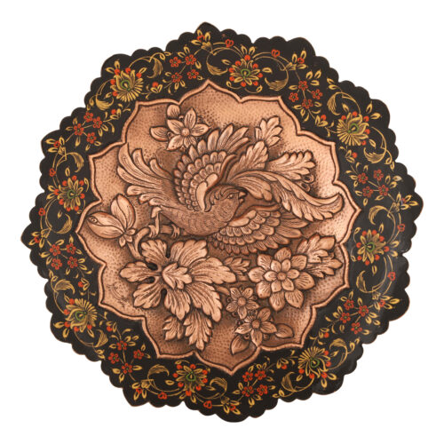 Hand-Engraved Persian Copper Decorative Display Plate, Birds and Flowers Ghalamzani Design