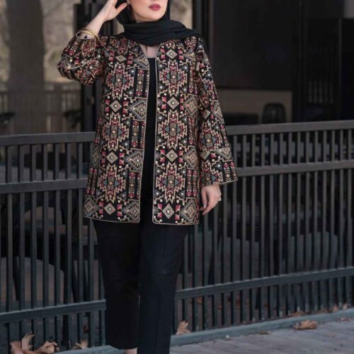 Chic Persian Linen Blazer Manto with Geometric Embroidery for Women