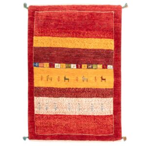 Original Handwoven Persian Striped Gabbeh Rug with Animal Motifs – Red Wool