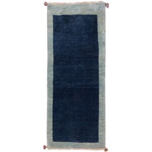 Handwoven Persian Minimalist Gabbeh Runner Rug – Bordered Navy Blue Wool