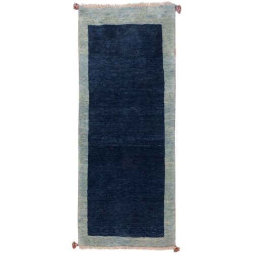 Handwoven Persian Minimalist Gabbeh Runner Rug - Bordered Navy Blue Wool