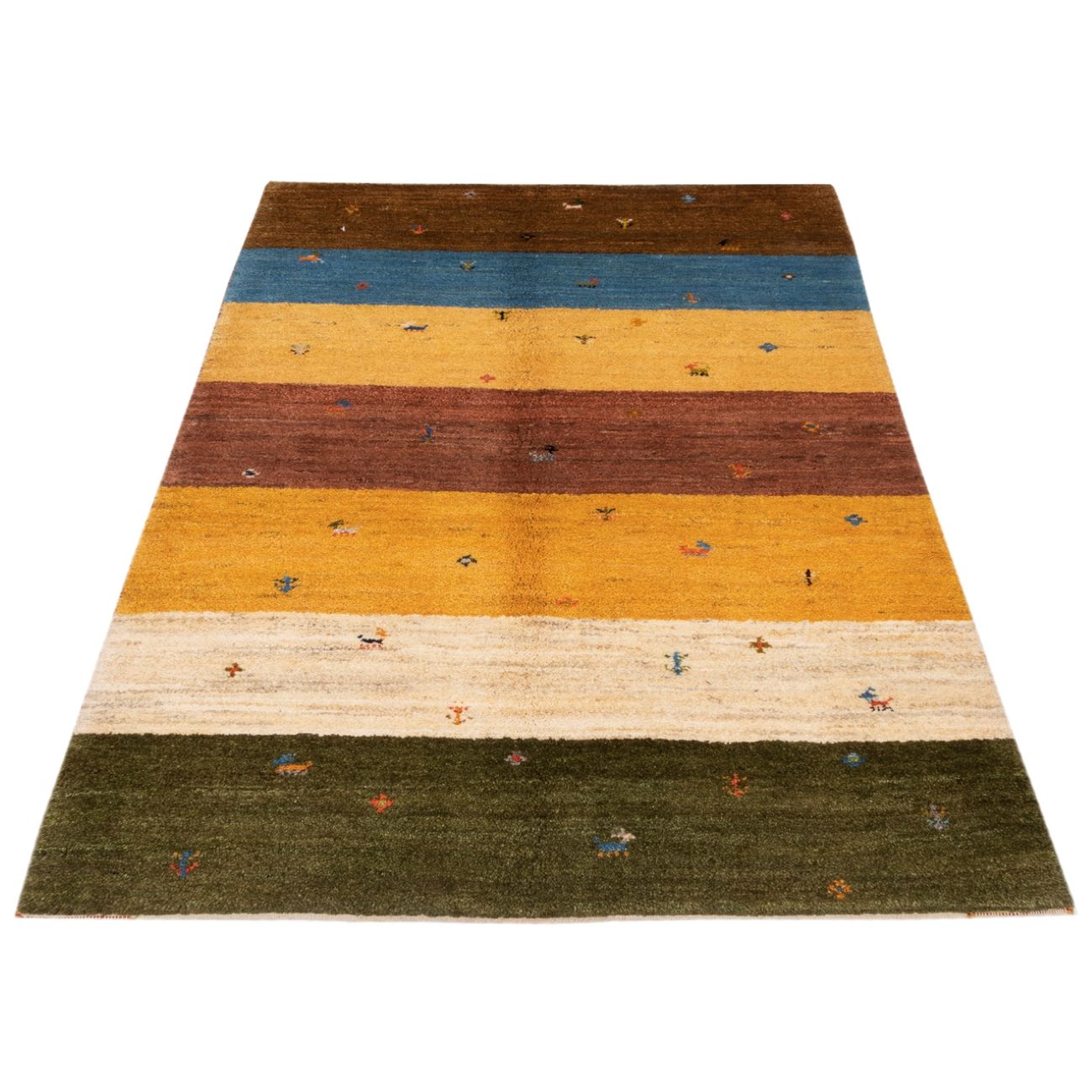 Genuine Handwoven Persian Striped Gabbeh Rug with Animal Motifs – Green Wool