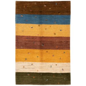 Genuine Handwoven Persian Striped Gabbeh Rug with Animal Motifs – Green Wool