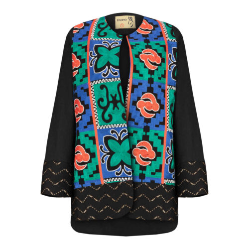 Chic Black Persian Linen Tunic Manto with Geometric Design for Women