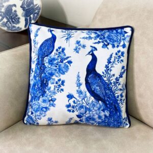 Stunning Velvet Cushion Cover – Printed & Double Sided Elegant Peacock & Floral Design (Set of 2)