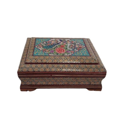 Handmade Khatamkari Quran Storage Box with Birds & Floral Design – Wooden Book Box