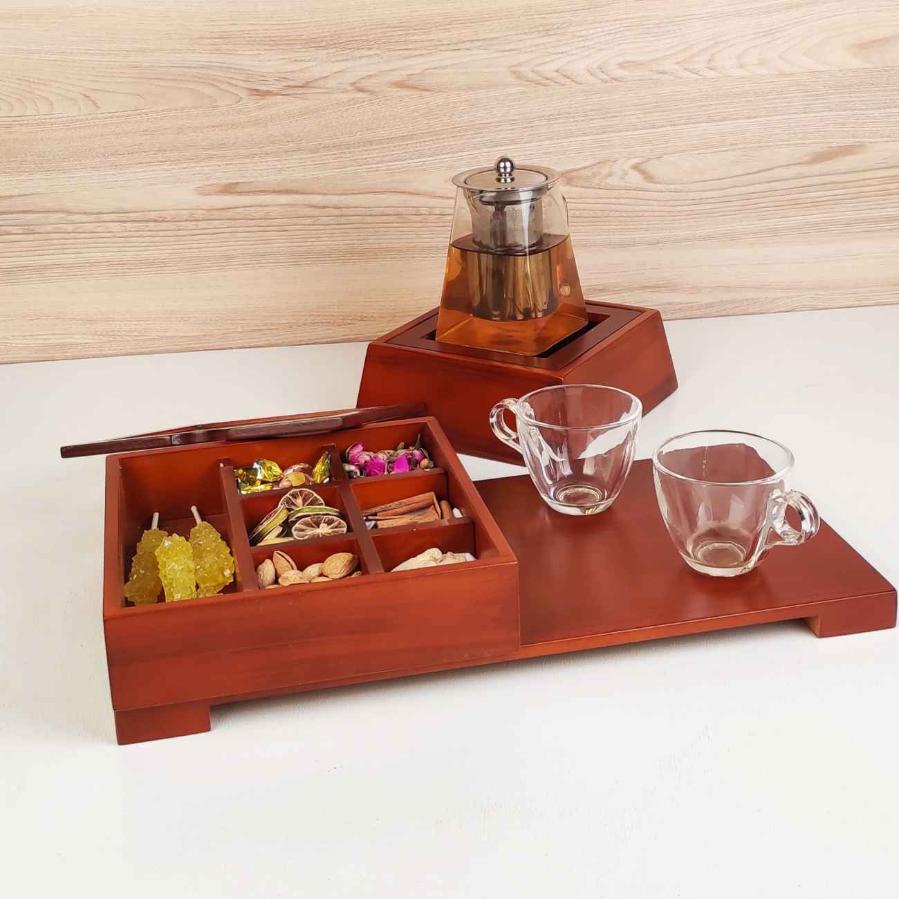 Wooden Tea Storage Chest with Integrated Warmer & Clear Viewing Lid