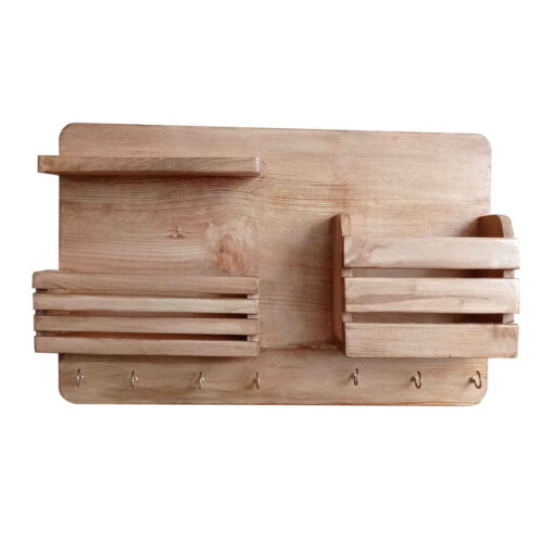 Wooden Wall Key Holder with Storage Box and Seven Hooks for Entryway