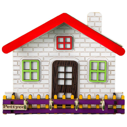 Wooden Wall Key Holder with Cottage Design and Four Hooks for Entryway