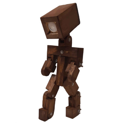 Handcrafted Wooden Adjustable Robot Figurine Lamp – Sculptural Decor