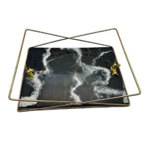 Artisan Resin Serving Tray – Modern Abstract Black Tray with Handles