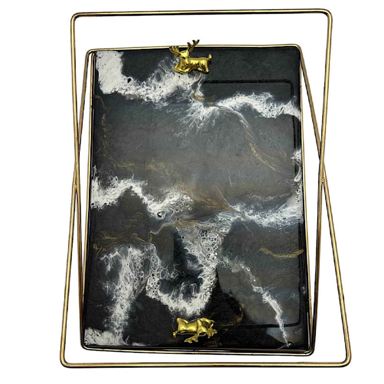 Artisan Resin Serving Tray – Modern Abstract Black Tray with Handles